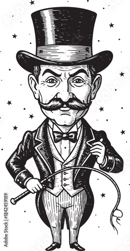 Engraving Illustration of a Victorian Ringmaster Character with