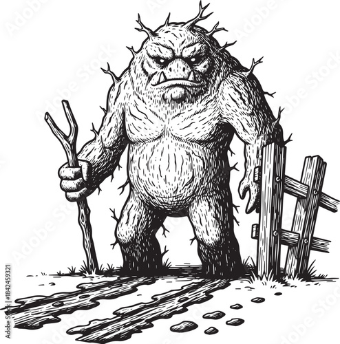 Engraved Fantasy: Forest Troll with Rustic Staff and Ruined Wood