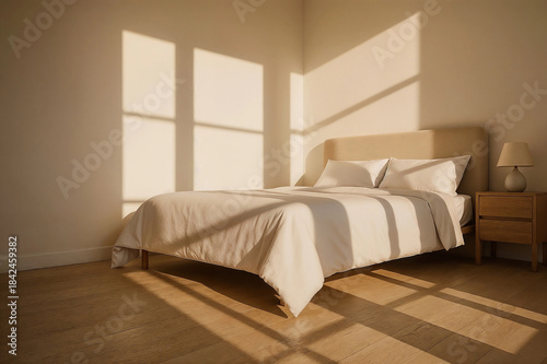Serene and tidy bedroom featuring a neatly made bed with crisp white linens, illuminated by soft sunlight streaming through window blinds creating a peaceful atmosphere