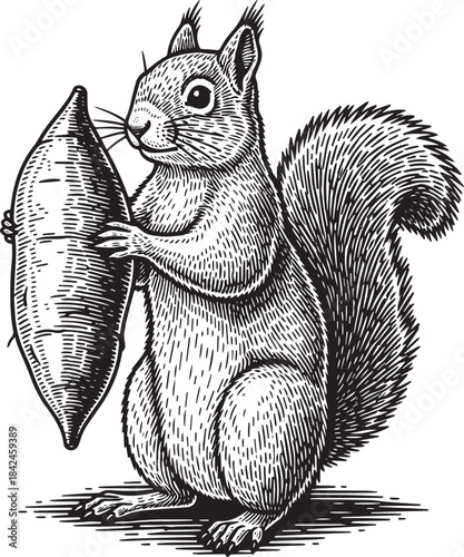 Intricate woodcut illustration of a squirrel hugging a sweet pot