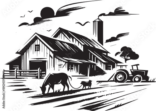 Rustic Farm Landscape Illustration with Sumi-e Ink Brushstroke T
