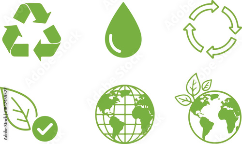 Green ecology and recycling icons for environmental protection on transparent