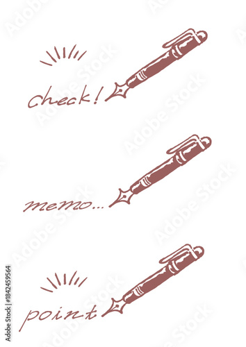 万年筆とラフに書かれた3種の手書きの英語の文字