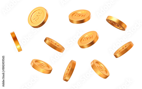 Photography 3d flying golden Malaysian Ringgit currency coins with a different angles