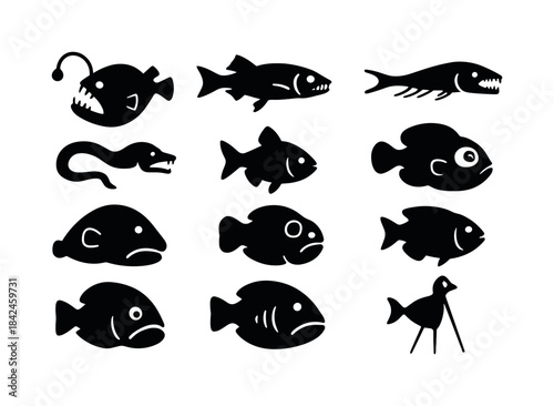 Deep-Sea Fish Icons. Deep-sea fish. Solid icon set of Deep-sea f