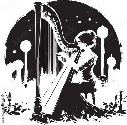 Baroque harpist serenading in candlelight under a starry sumi-e