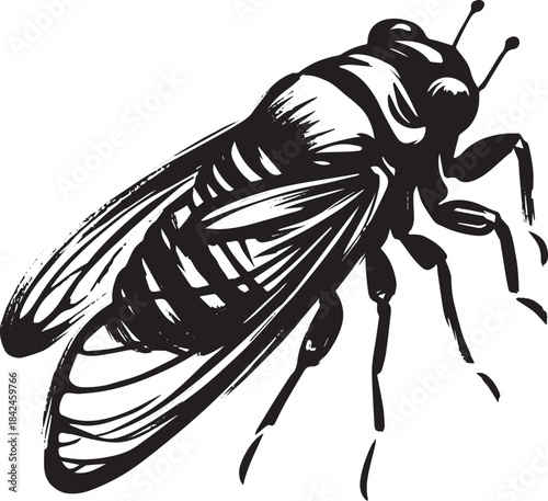 Stylized depiction of a Cicada in Sumi-e style, insect illustrat