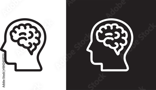 A simplistic black and white icon depicting a A simplistic black and white icon depicting a human head with a brain inside, representing thought and intellect
