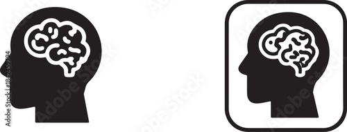 A simplistic black and white icon depicting a A simplistic black and white icon depicting a human head with a brain inside, representing thought and intellect
