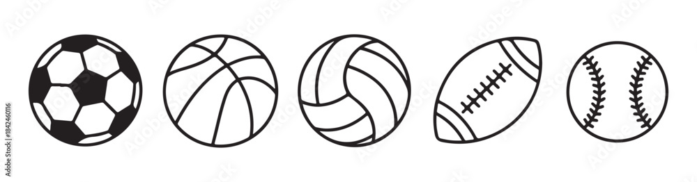 Naklejka premium Set of black and white sport balls isolated on white background flat style design vector illustration