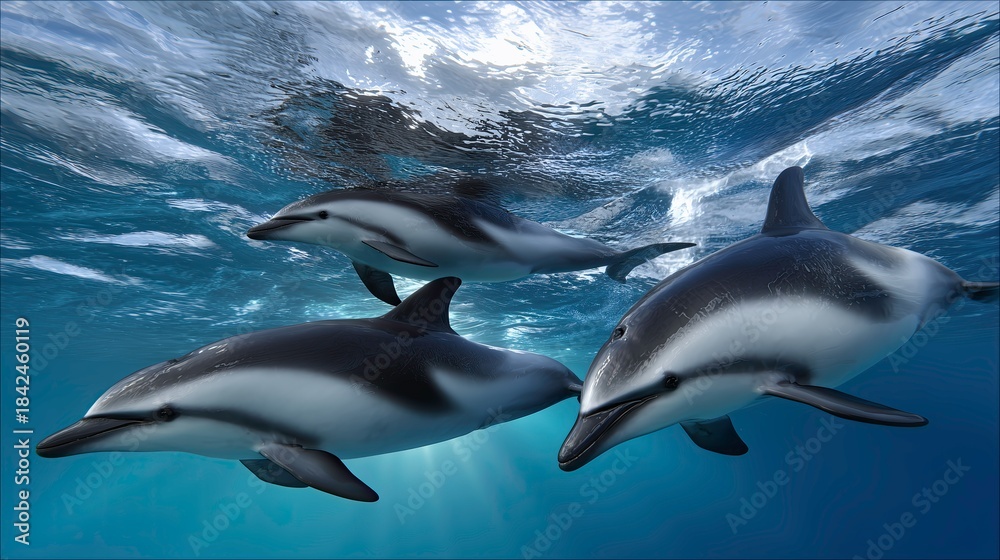 Fototapeta premium Three Hector's dolphins swimming gracefully beneath the ocean surface 