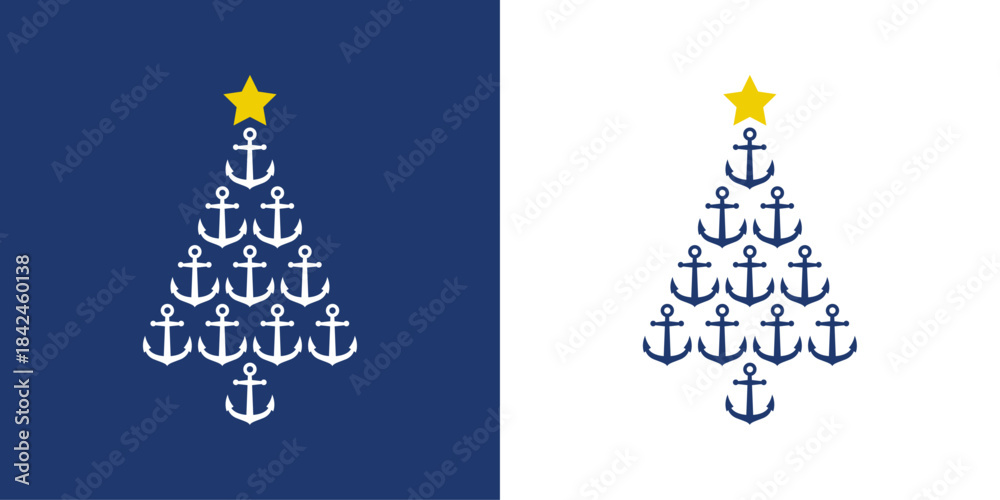Fototapeta premium Logo nautical. Árbol de navidad formado por anclas de barco con estrella para tarjetas y felicitaciones de Navidad