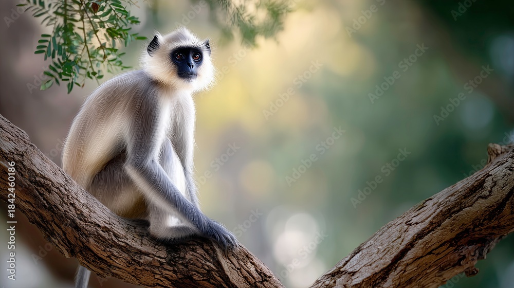 Fototapeta premium Langur monkey sitting on tree branch in soft morning light