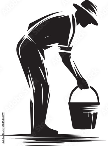 Silhouette of Farmer in Ink Style Lifting a Bucket with Brush St