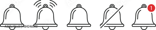 Set of notification bell icon, new message alert, reminder, sound on off