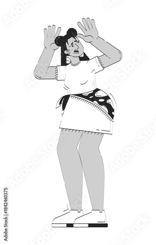 Worried curvy latina woman in shock raised hands doodle linear character. Frightened plus size hispanic girl reacting 2D vector outline person isolated. Hand drawn drawing illustration monochrome