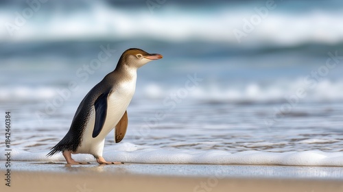 Yellow-eyed penguin walking on sandy beach by the ocean waves  