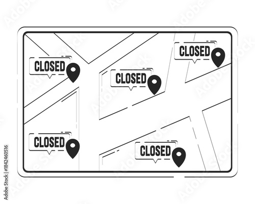 Digital map with multiple closed business locations doodle linear object. Retail closure. Economic shutdowns 2D vector outline clip art drawing isolated on white. Hand drawn sketch illustration