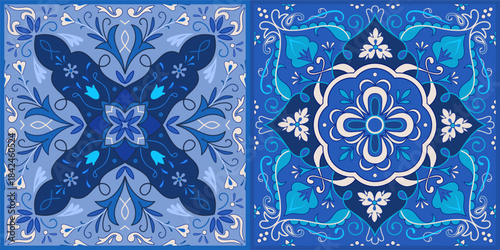 Decorative Tiles in an oriental style with floral and plant ornaments. Bright blue and dark blue patterns in an ethnic style.