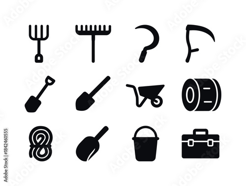 Rural Tools Icons. Rural tools. Solid icon set of rural tools: p