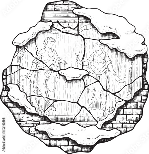 Ancient engraving depicting two figures on fractured stone artif