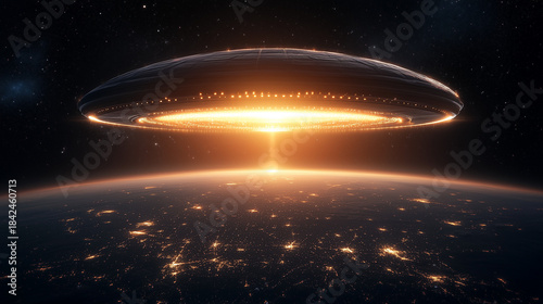 Futuristic Alien Spacecraft Over Planet Earth