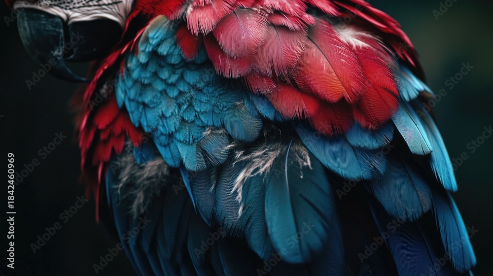 Obraz premium Closeup of a colorful parrot. Parrot feathers, red and blue exotic texture