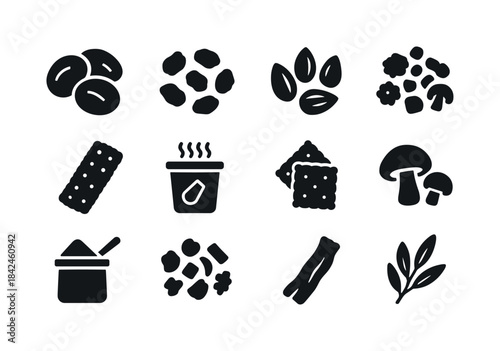 Dry Foods Icons. Dry foods. Solid icon set of Dry foods: dried a