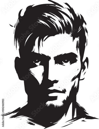 Monochrome illustration portraying a man's intense gaze with str
