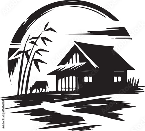 Tranquil Sumi-e Illustration of Rural Life with House and Grazin