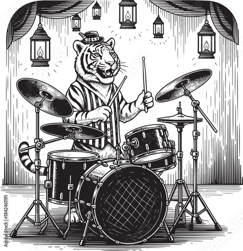 Engraved Illustration of a Tiger Drummer Performing Under Hangin