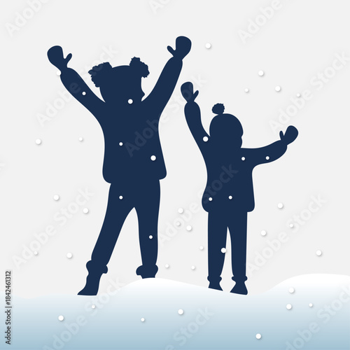 Children having fun and celebrating good winter weather snowfall dark blue silhouette of children