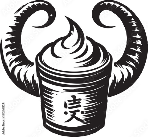 Monochrome Cream Horn Pastry Illustration in Sumi-e Japanese Sty