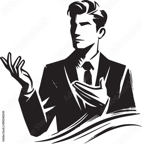 Monochrome Illustration of a man in a suit gesturing, isolated o