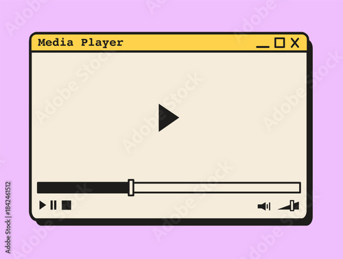 Retro vaporwave video player in a popup system window with play bar, timeline, and interface buttons. 90s desktop media application mockup in nostalgic aesthetic. Flat Style Vector Illustration.