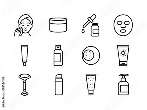 Skincare Icons Set. Trying Skincare Products. Line icon set of T
