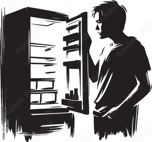 Sumi-e style illustration of a man staring into an empty refrige