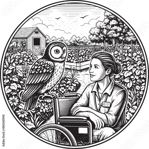 Woodcut Illustration of Woman in Wheelchair with Owl and Garden