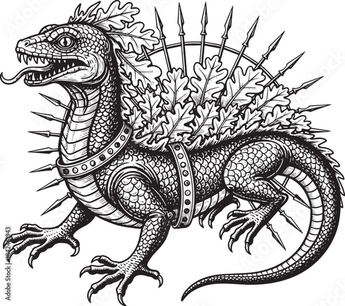 Engraved Mythical Basilisk with Spears, Oak Leaves, and Intricat