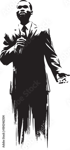 Black and white illustration of a man speaking into a microphone