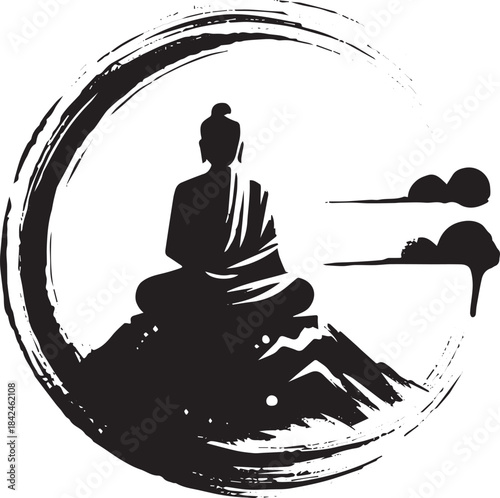 Minimalist sumi-e style illustration featuring a meditating figu