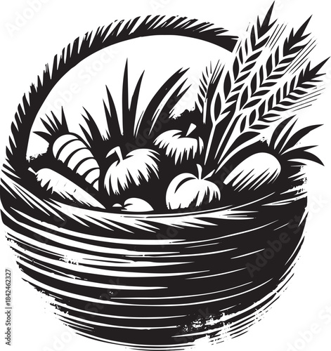 Basket brimming with the bounty of harvest in rustic, monochrome