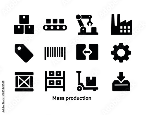 Industrial Icons Grid. Mass production. Solid icon set of mass p