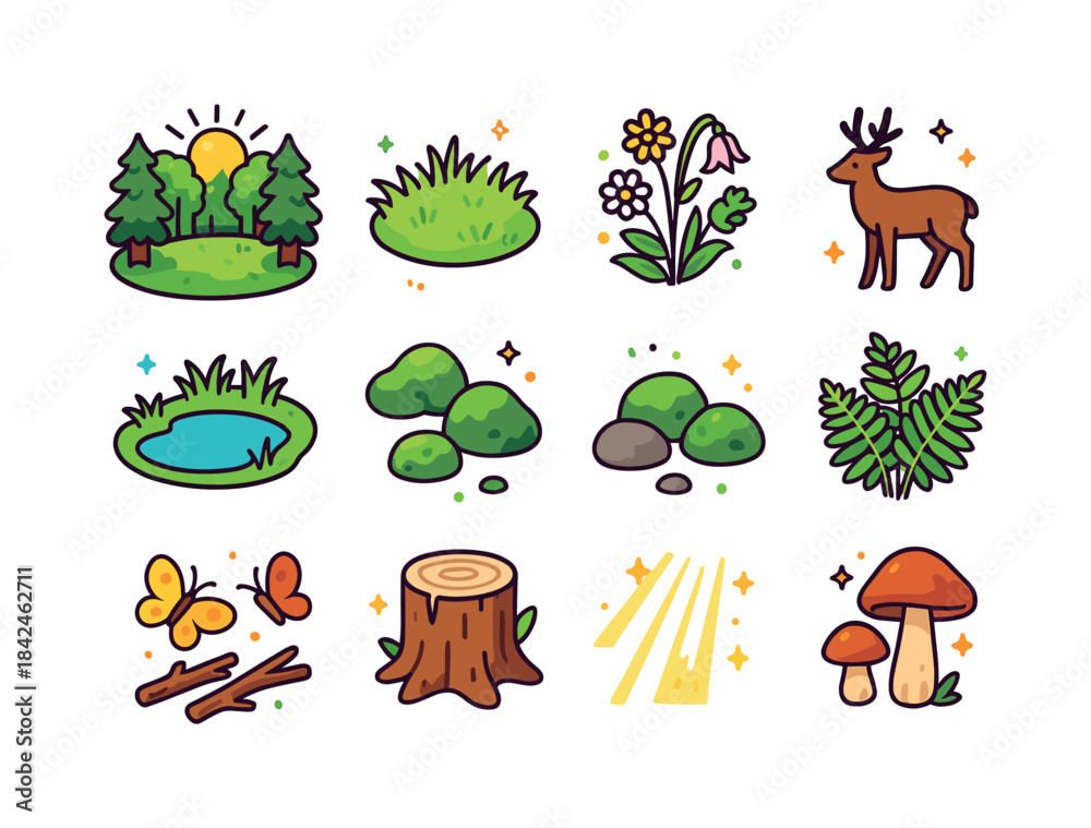 Fototapeta premium Colorful Forest Icons. Glade. Colorful isometric vector icons se