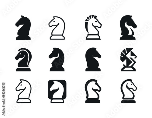 Chess Knight Icon Set. Winning the mental game. Icon set. Set Lo