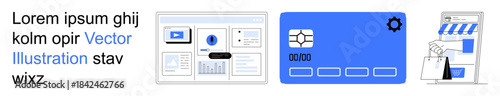 Website design, digital payments, UI development, e-commerce, online shopping, and credit card tools. Visuals include webpage layouts, a digital card interface and shopping-related elements. Web