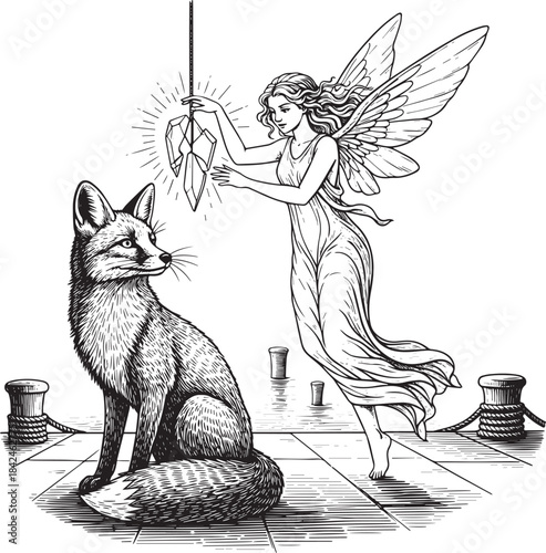 Engraved Illustration: Fairy Presents Crystal to Fox on Dock wit