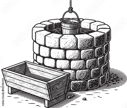 Vintage Water Well and Trough in Woodcut Style Black and White D