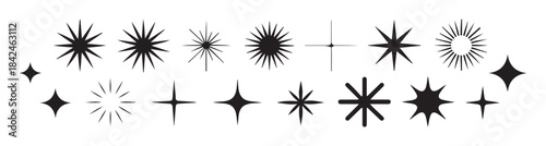 Sparkle effect set of black starburst icons, various geometric shapes and styles, abstract light elements
