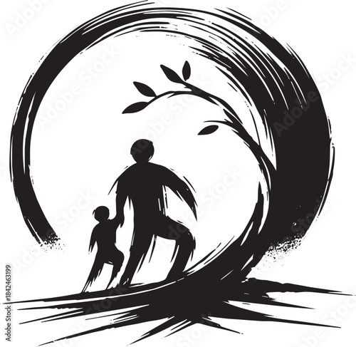 Ink wash illustration of father and child walking beneath a grow